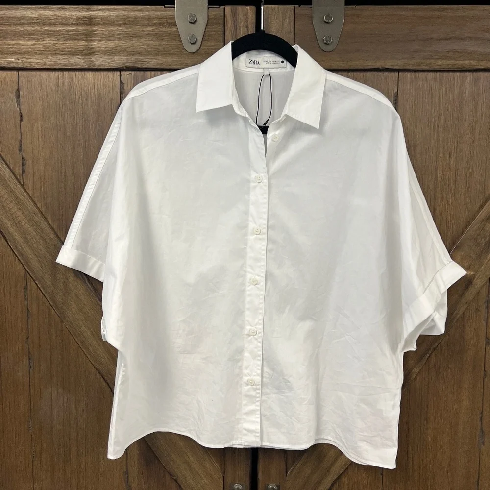 Zara Cotton Button Up Wide Short Sleeve Blouse Work Shirt Size XS - Picture 2 of 5